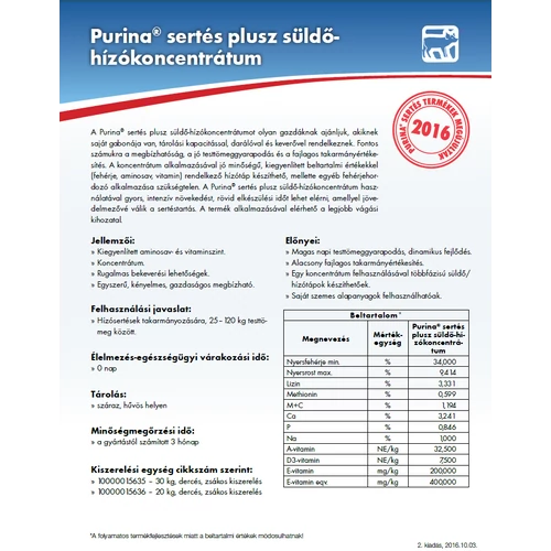 Purina sertés plusz süldő-hízó koncentrátum, 30 kg/zsák